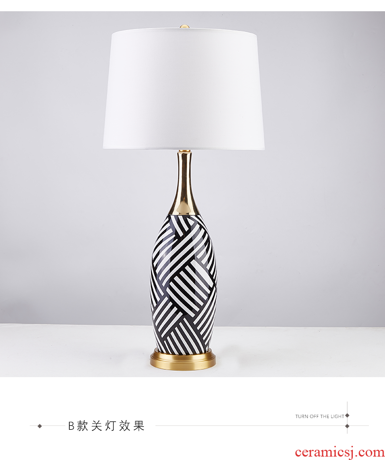 Desk lamp of bedroom the head of a bed room American postmodern Nordic light luxury ins all copper model between ceramic lamp black and white stripes