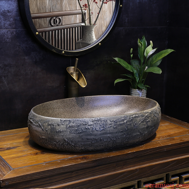 JingYan retro stone grain art stage basin large oval ceramic lavatory large size Chinese style the sink