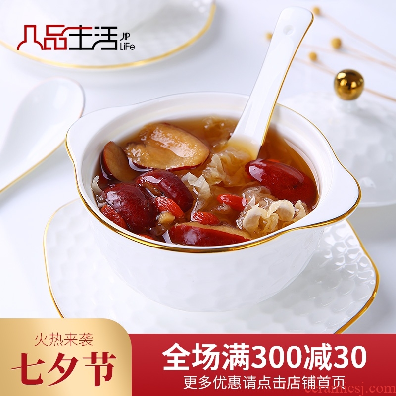 Bone China cup ears water cup stew stew bird's nest household size with cover steaming cup white bladder ceramic 2 people