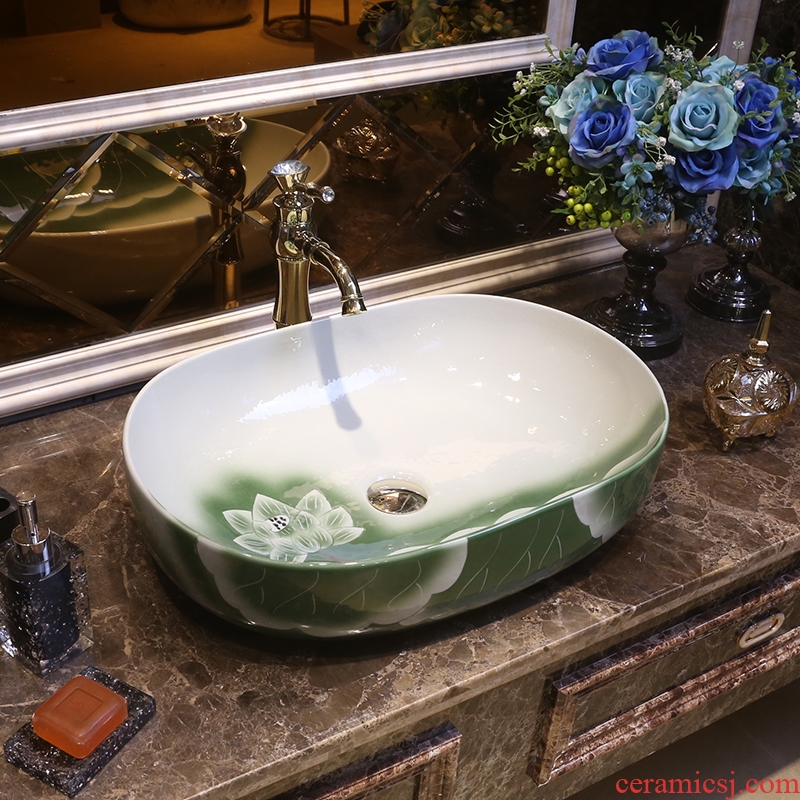 JingYan lotus art stage basin oval ceramic lavatory basin Chinese style household basin on the sink