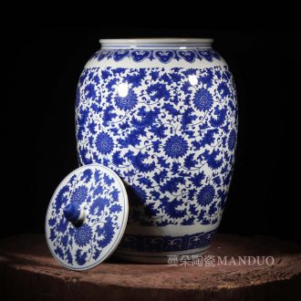Jingdezhen porcelain put lotus flower wax gourd blue and white porcelain pot peony characters cover tank storage tank