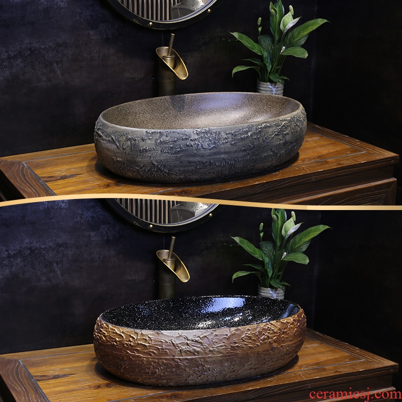 JingYan retro stone grain art stage basin large oval ceramic lavatory large size Chinese style the sink