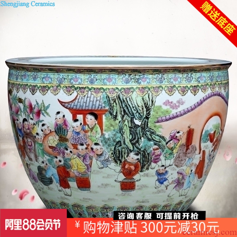 Jingdezhen ceramics hand-painted figure baby play the lad goldfish bowl lotus cylinder tortoise calligraphy and painting cylinder sitting room big furnishing articles