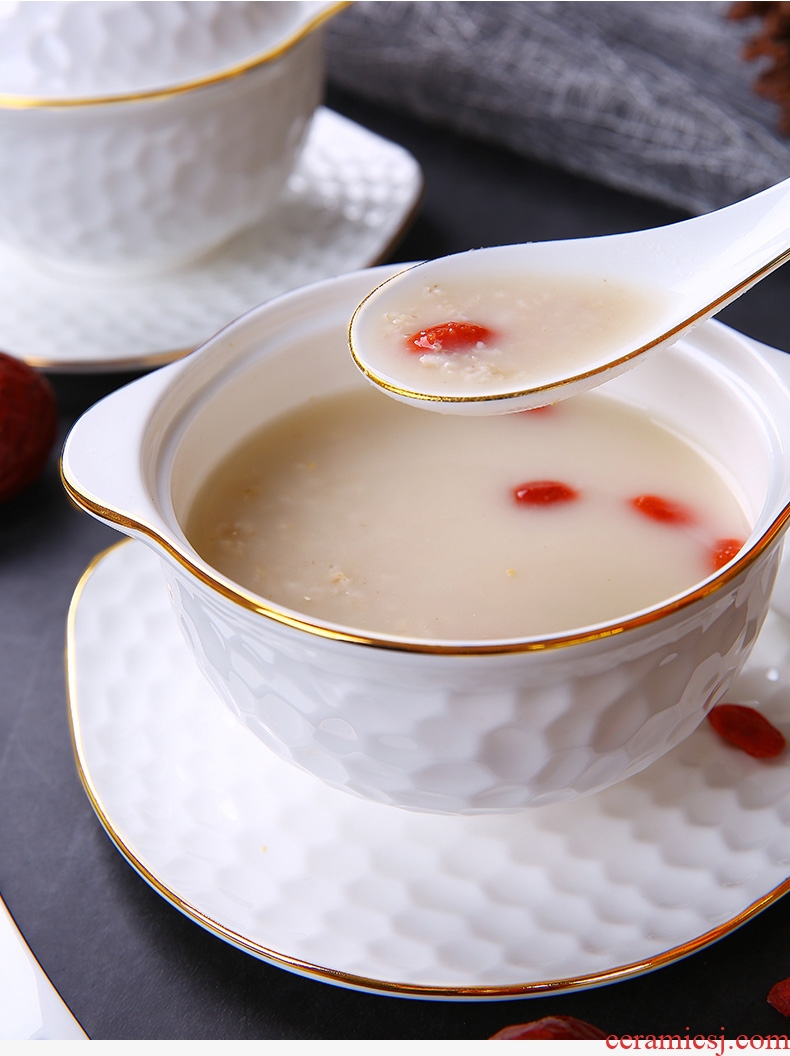 Bone China cup ears water cup stew stew bird's nest household size with cover steaming cup white bladder ceramic 2 people