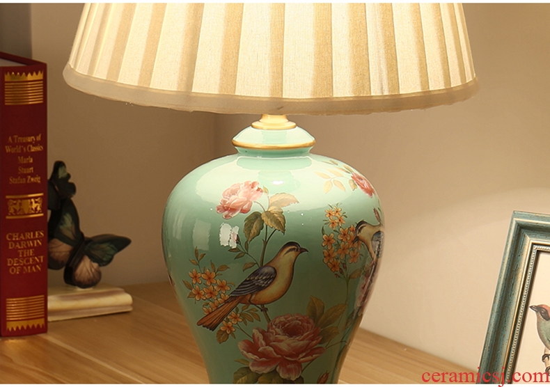 American desk lamp light new Chinese style of bedroom the head of a bed European rural marriage room painted flowers and birds remote control all copper ceramic lamp
