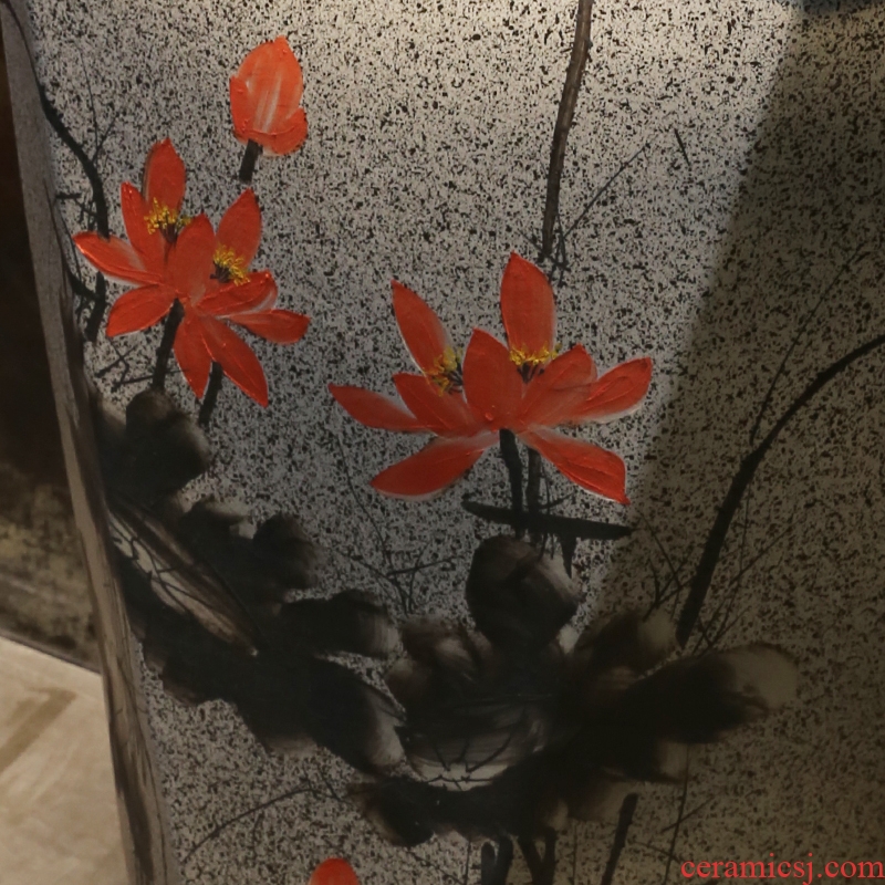 JingYan ink lotus flower art pillar basin floor ceramic lavatory vertical integrated basin of Chinese style sink