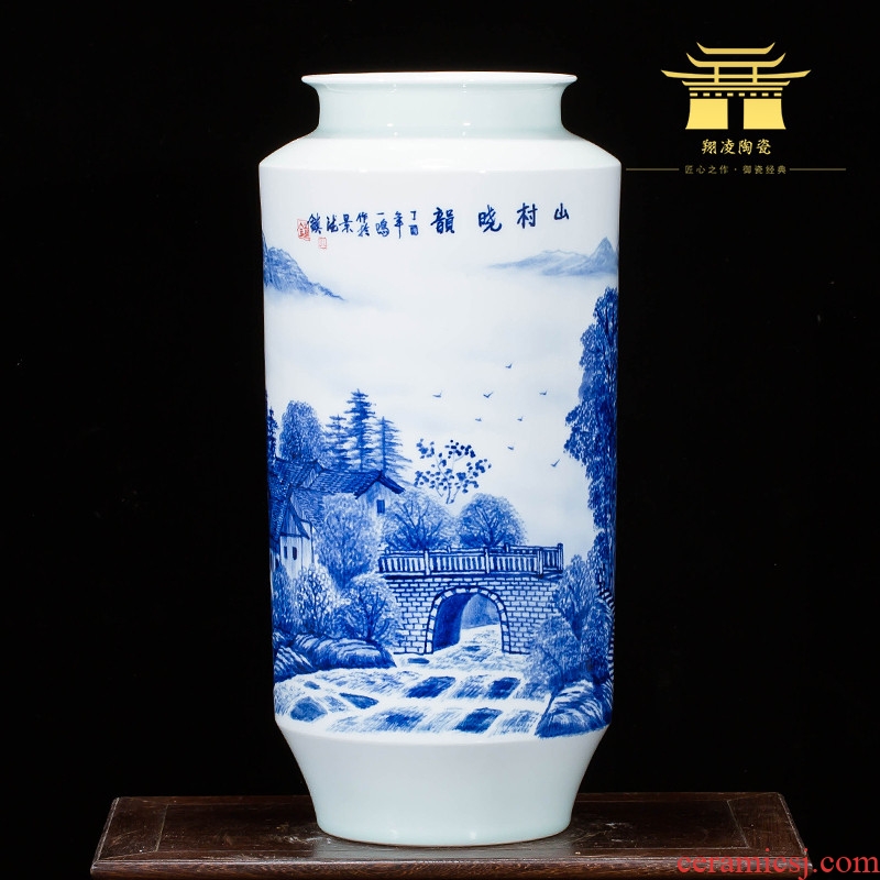 Jingdezhen ceramics landscape hand-painted blue and white porcelain vases, new Chinese style household adornment sitting room porch place