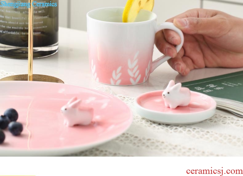 Creative mugs ceramic coffee cup with cover spoon plate pink girl heart Japanese cartoon breakfast cup for healing