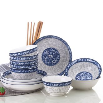 Four people of blue and white porcelain ceramic dishes suit plate household rice bowls bowl Chinese contracted creative rainbow noodle bowl bowl bubble