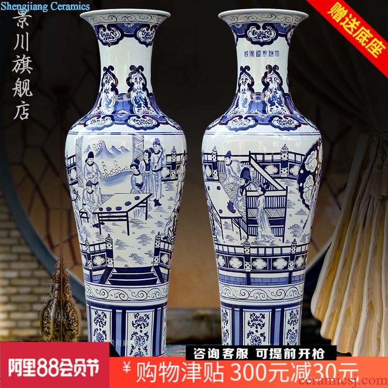 Jingdezhen ceramic floor big vase hand-painted archaize qingming scroll sitting room place of blue and white porcelain hotel decoration