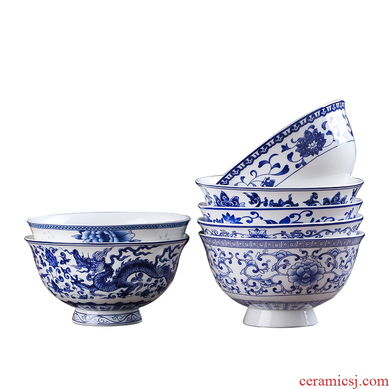 Jingdezhen home to eat a single rainbow noodle bowl bowl of soup bowl prevent hot tall bowl bubble bone bowls suit blue and white porcelain bowl