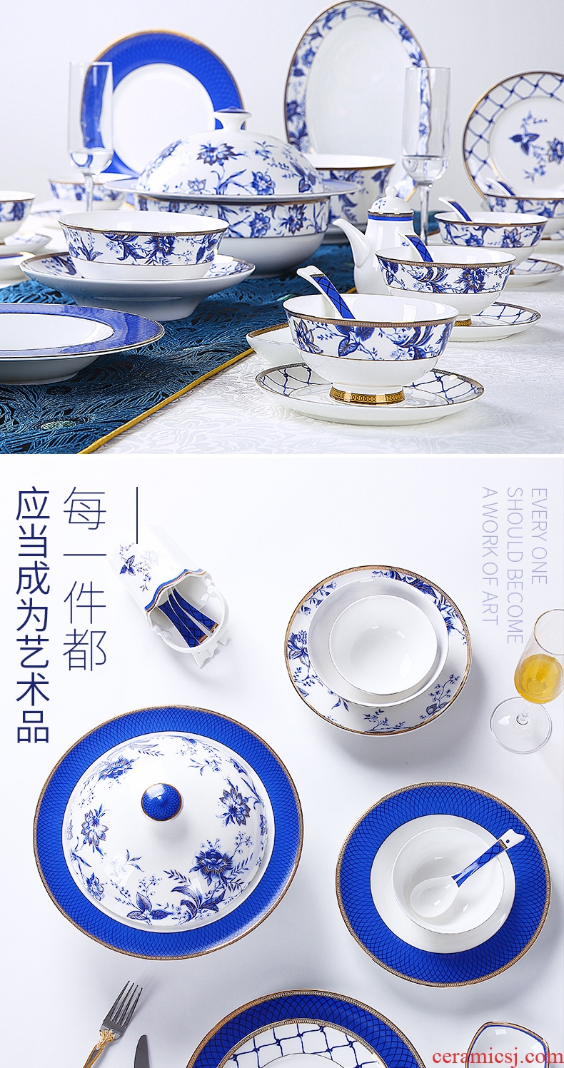 New Chinese blue and white porcelain bowls suit tangshan high-grade bone porcelain tableware ceramic dishes dishes suit household Chinese wind