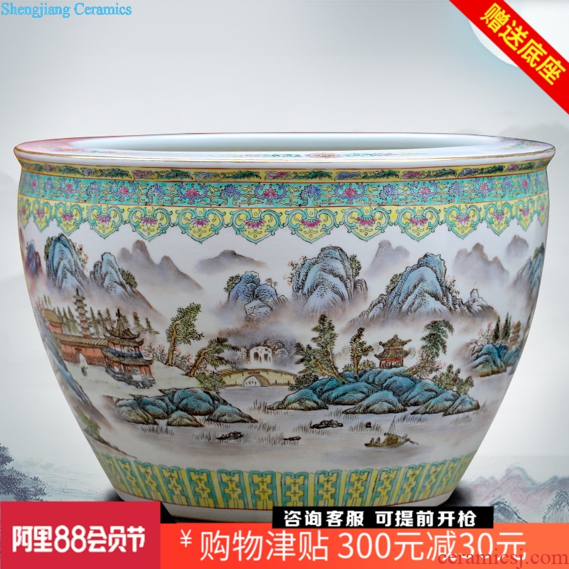 Jingdezhen hand-painted landscape painting ceramic goldfish turtle cylinder painting and calligraphy study of sitting room place large water lily cylinder