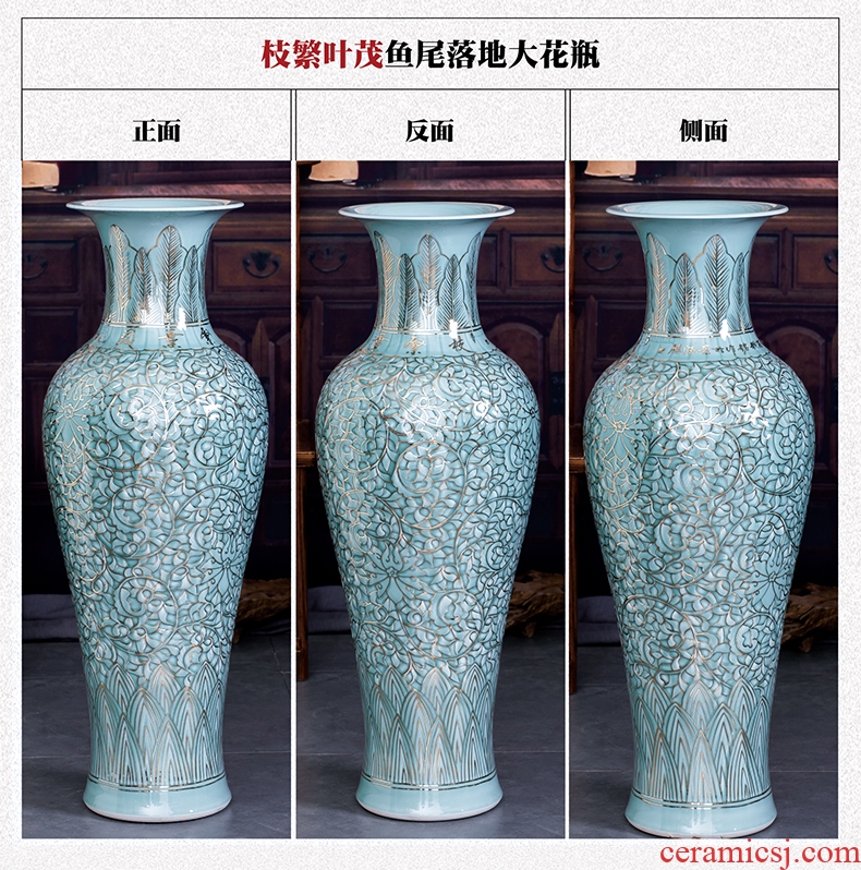 Jingdezhen big hand paint ceramic vase furnishing articles sitting room be born Chinese celadon decoration hotels high-grade decoration