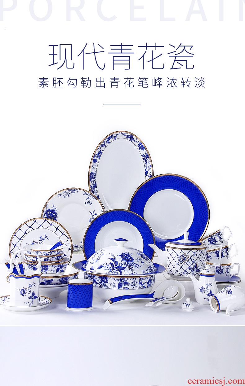 New Chinese blue and white porcelain bowls suit tangshan high-grade bone porcelain tableware ceramic dishes dishes suit household Chinese wind