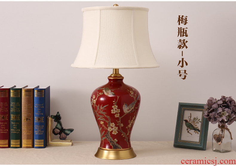 Desk lamp of bedroom the head of a bed room new Chinese American country European rural marriage room painted flowers and birds ceramic copper lamp