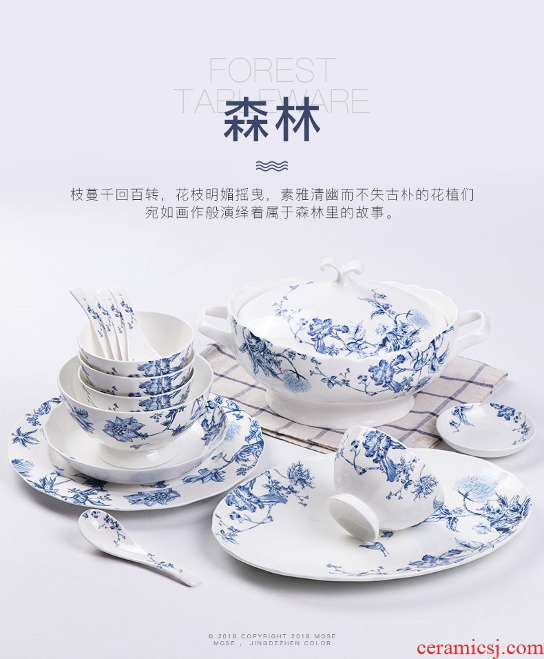 Blue and white porcelain tableware suit household bowls of bone plate of jingdezhen ceramic dishes suit Chinese forest bowl chopsticks
