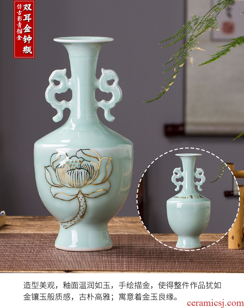 Jingdezhen ceramics famous paint shadow green lotus flower bottles of new Chinese style living room decorations rich ancient frame furnishing articles