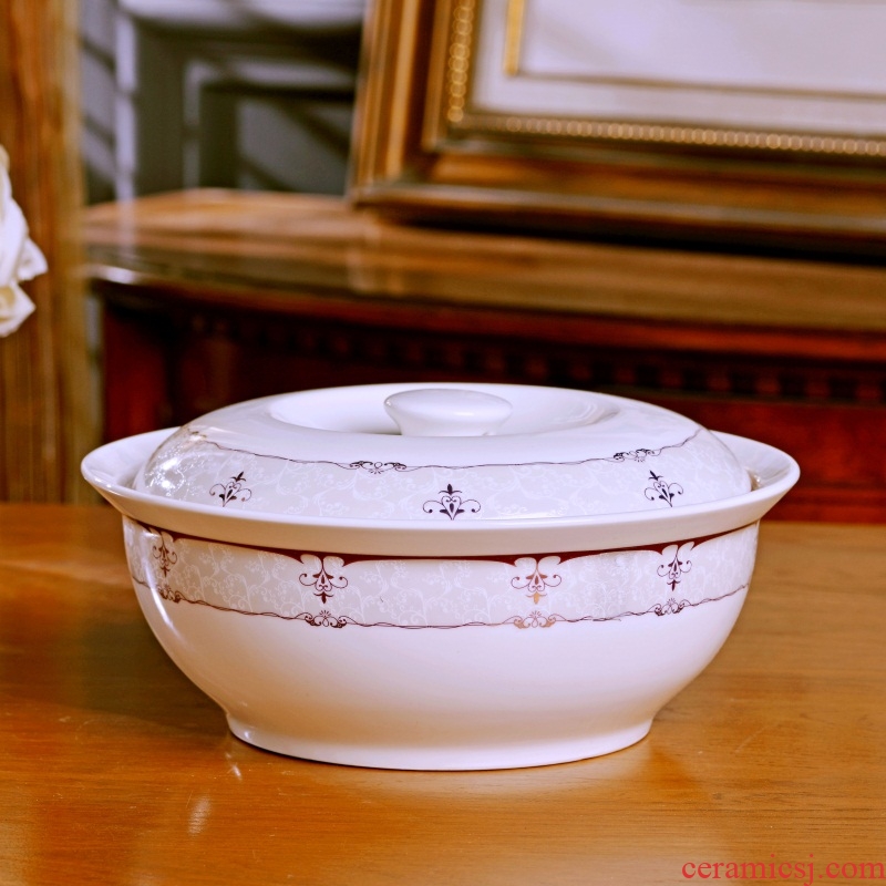 Jingdezhen ceramic soup pot with cover household soup bowl round pot dishes suit household 9 inches large soup bowl