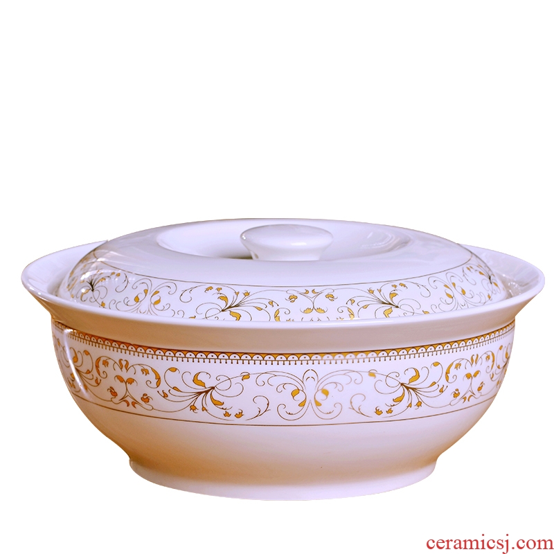 Jingdezhen ceramic soup pot with cover household soup bowl round pot dishes suit household 9 inches large soup bowl