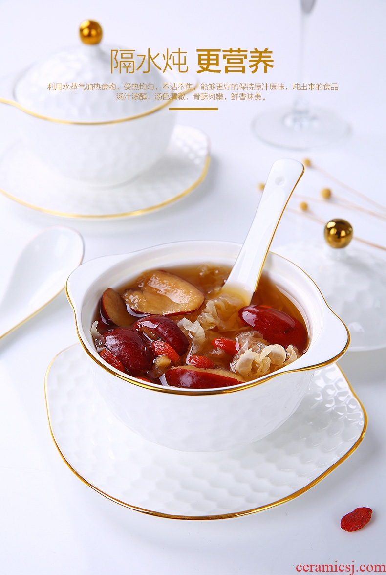 Bone China cup ears water cup stew stew bird's nest household size with cover steaming cup white bladder ceramic 2 people