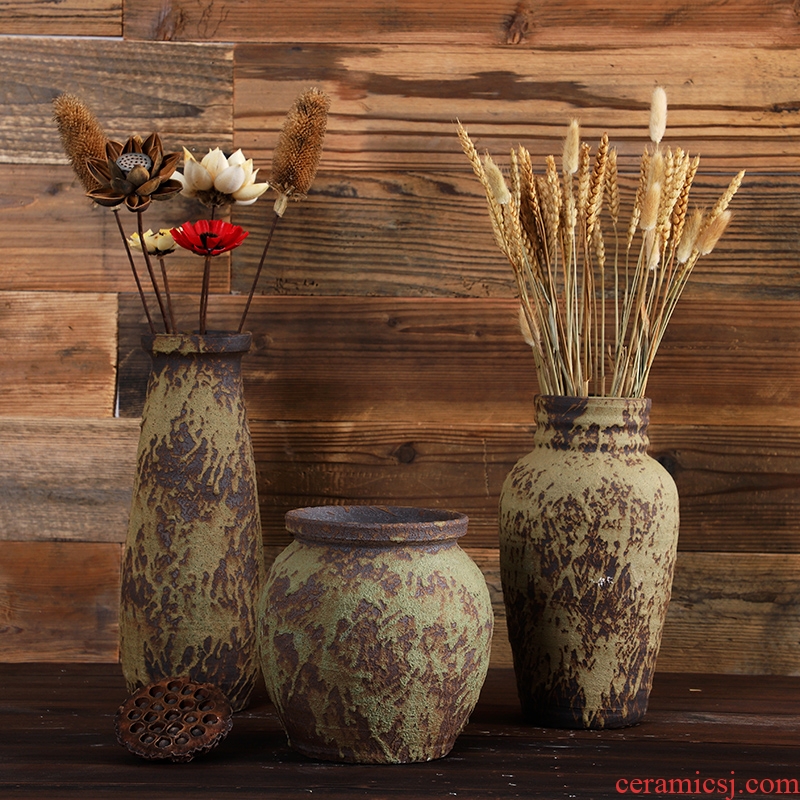 Jingdezhen coarse pottery vase desktop creative retro flower pot handmade ceramic porch place dry flower bouquet of flower arrangement