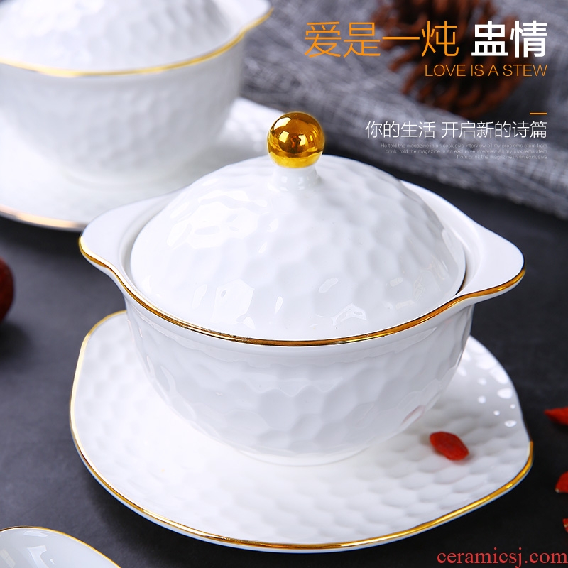 Bone China cup ears water cup stew stew bird's nest household size with cover steaming cup white bladder ceramic 2 people