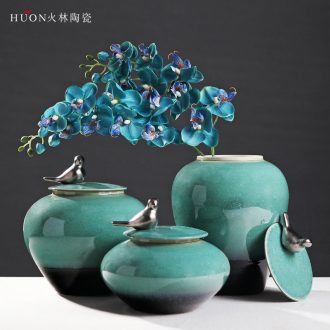 Modern new Chinese style household adornment creative ceramic handicraft furnishing articles riches and honour bird TV ark cover pot sitting room