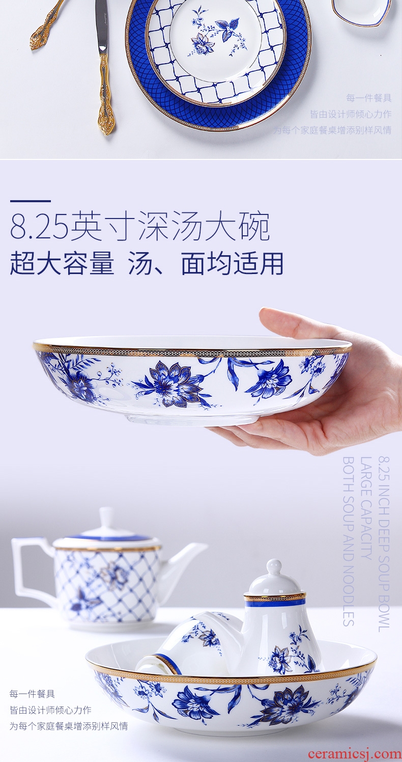 New Chinese blue and white porcelain bowls suit tangshan high-grade bone porcelain tableware ceramic dishes dishes suit household Chinese wind