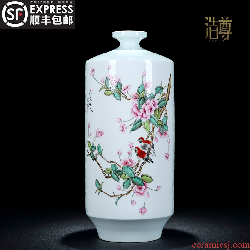 Jingdezhen hand-painted pastel big vase furnishing articles new Chinese style sitting room porch desktop decoration household porcelain carving