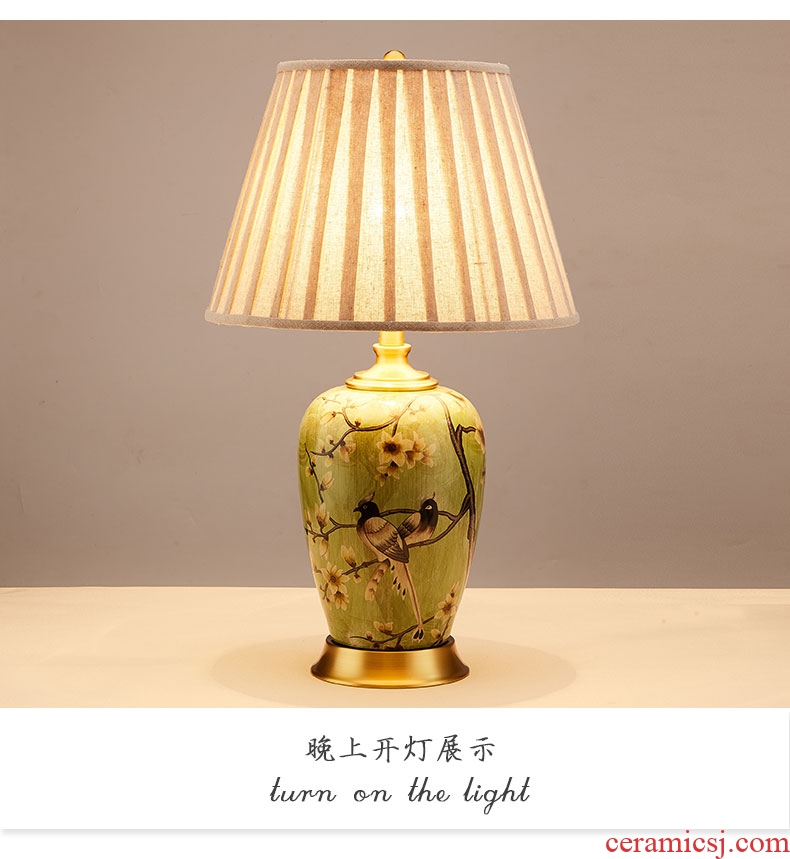 Ceramic lamp American retro sitting room bedroom nightstand lamp lights all copper decoration painting of flowers and birds study desk lamp