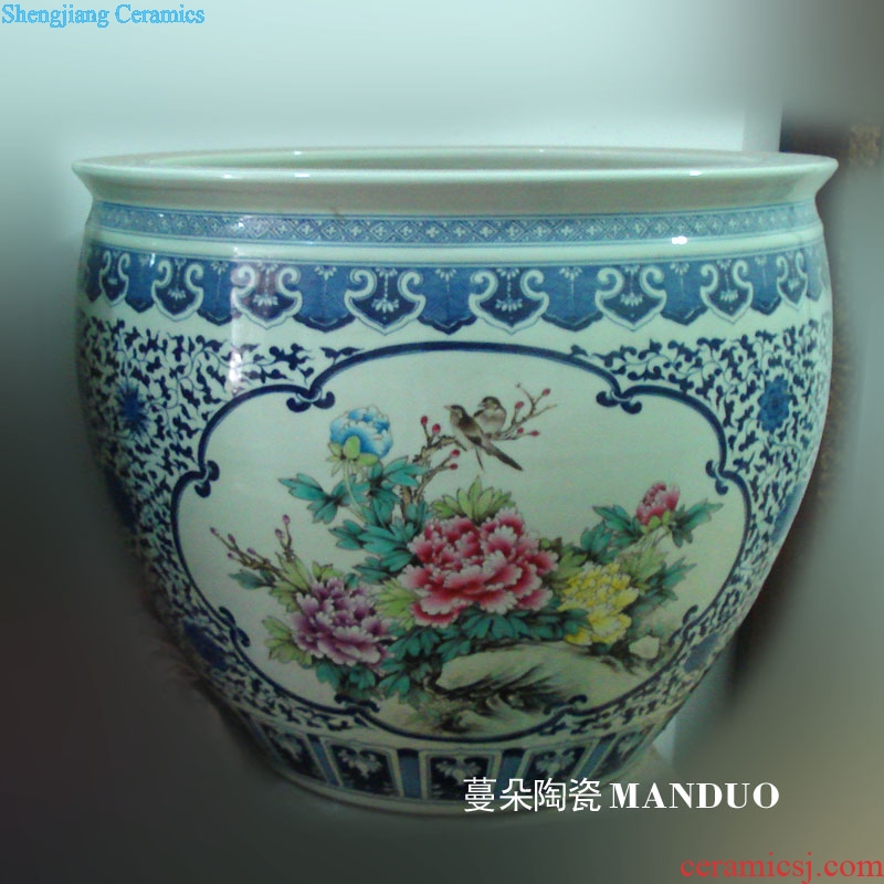 Jingdezhen blue and white color bucket hand-painted peony cylinder diameter 60 courtyard sitting room is big hand draw four seasons flower cylinder