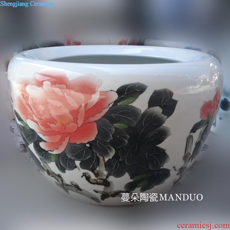 Jingdezhen special blue hand-painted ceramic cylinder peony VAT aquariums art painting and calligraphy ceramic cylinder