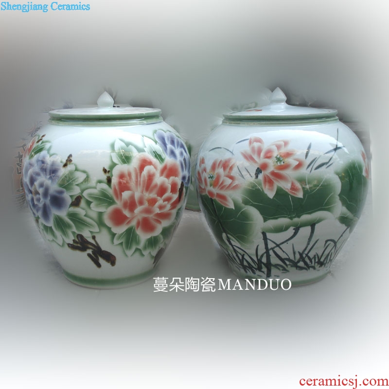 Jingdezhen meters large porcelain jar of 50 kg 60 jin liquor jar of 50 kg - 60 kg color peony lotus flower pot