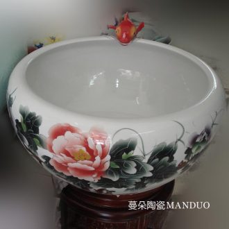 Hand color peony red carp fountain household porcelain jingdezhen indoor fountain fountains wood base