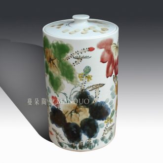 Jingdezhen ceramic porcelain hand-painted lotus cover pot pu 'er cake receives the seventh, peulthai the environmental m environmental tank
