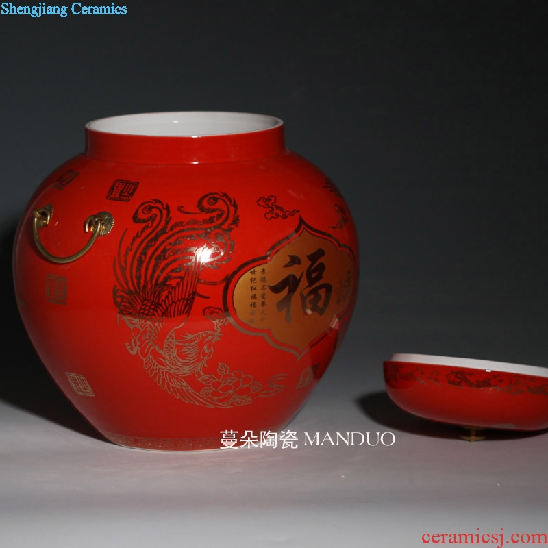 Bright red longfeng ceramic porcelain cover tank storage tank marry festival yuanyang cover pot wedding supplies