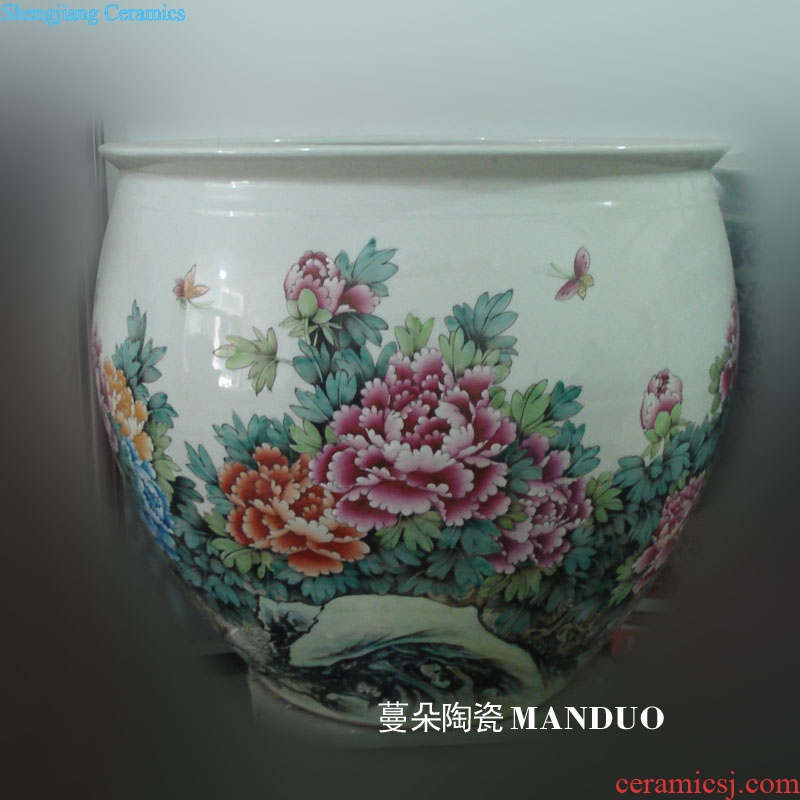 Jingdezhen blue and white color bucket hand-painted peony cylinder diameter 60 courtyard sitting room is big hand draw four seasons flower cylinder