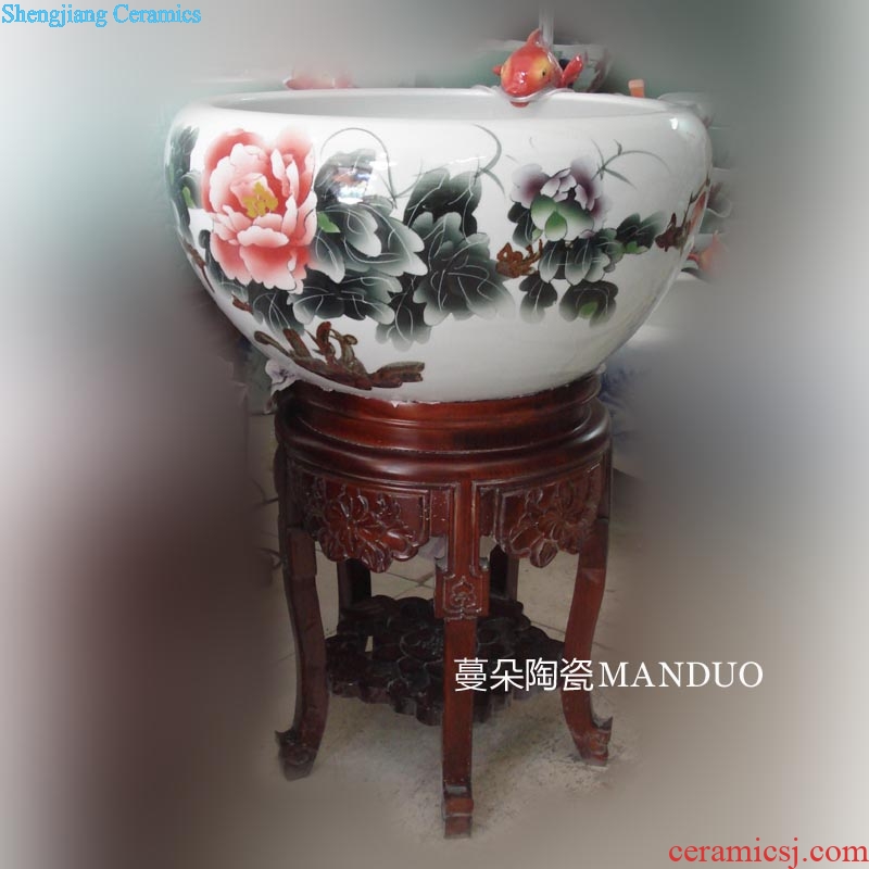 Hand color peony red carp fountain household porcelain jingdezhen indoor fountain fountains wood base