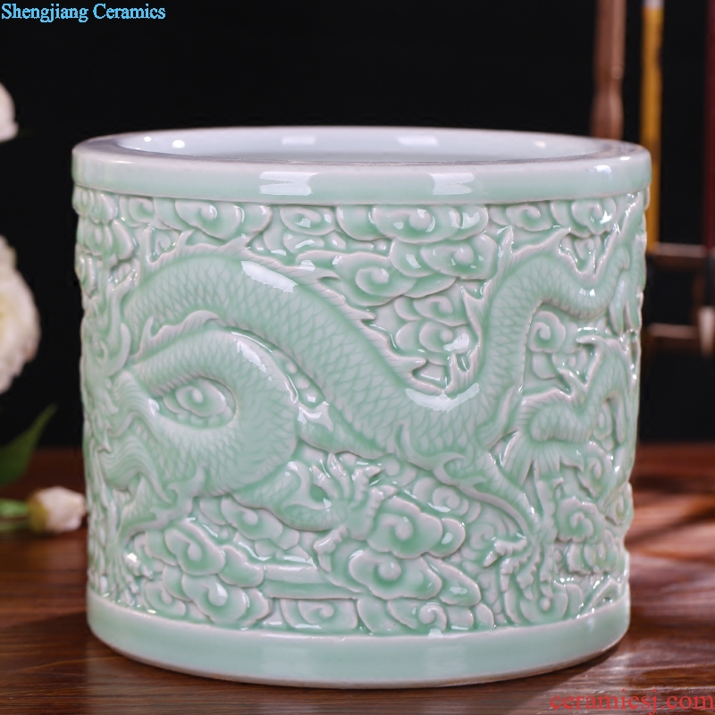 Jingdezhen ceramics engraving blue glaze big brush pot furnishing articles antique calligraphy and painting cylinder receive decorative gift dragon playing bead