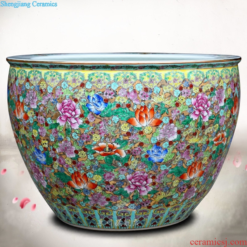 Jingdezhen ceramics hand-painted pastel lotus goldfish bowl furnishing articles and calligraphy word rolls receive the tortoise cylinder tank