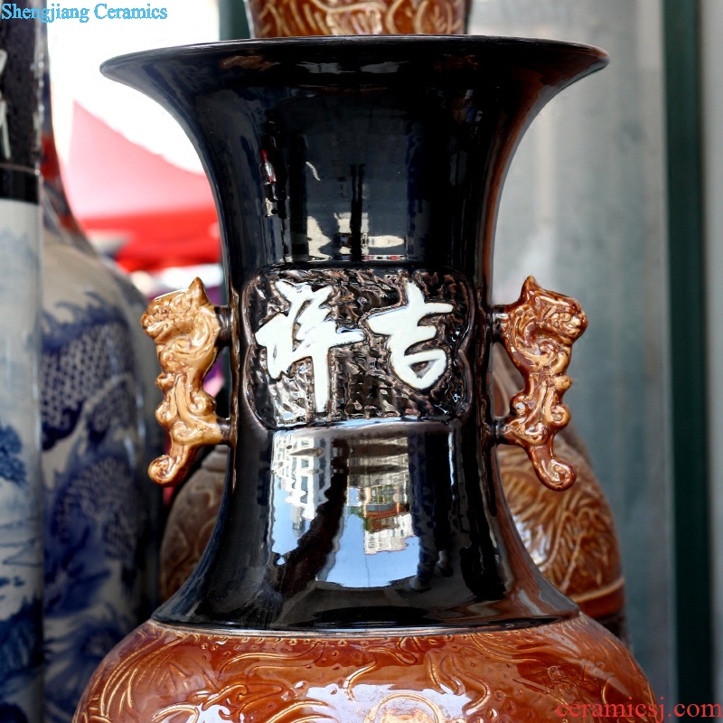 Jingdezhen ceramic carved poems handicraftsmen landing big vase household archaize sitting room study place adorn article