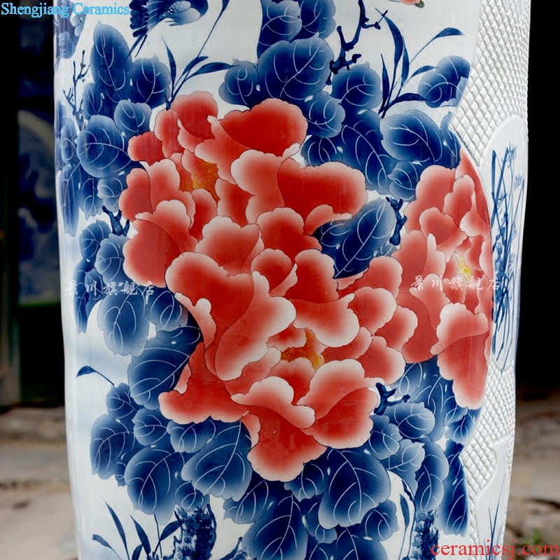 Hand painted peony lotus carving shadow blue fish large vases, jingdezhen ceramics hotels sitting room large furnishing articles