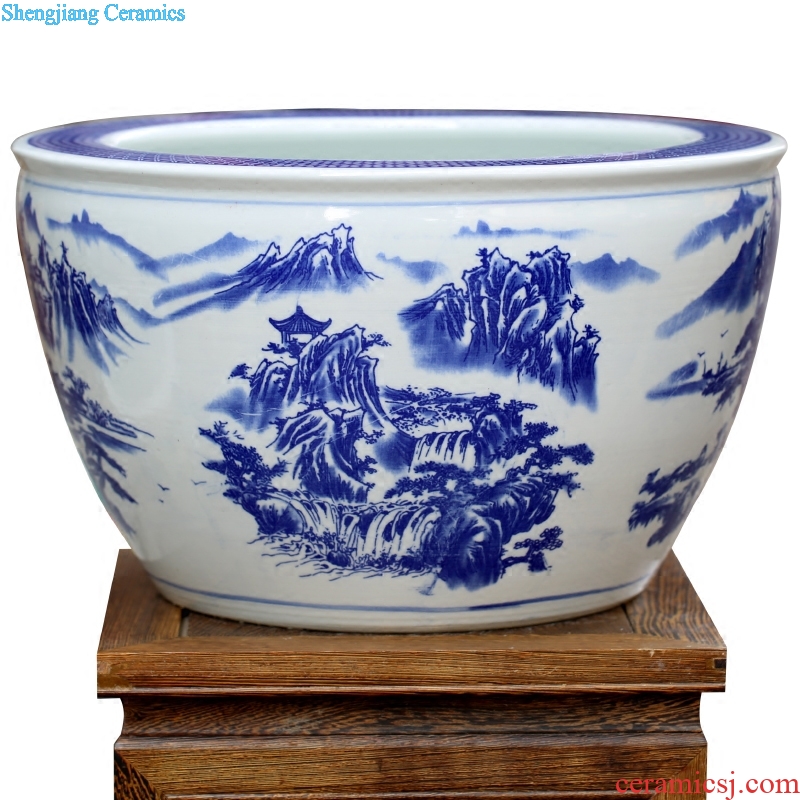 Blue and white porcelain of jingdezhen ceramics tortoise cylinder lotus potted landscape painting a goldfish bowl sitting room place basin study