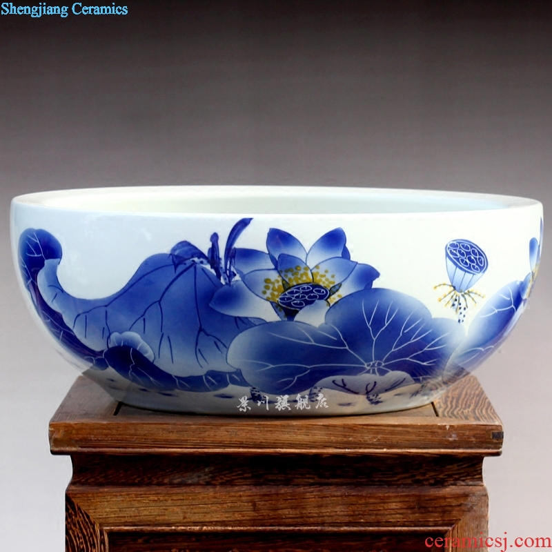 Jingdezhen ceramics hand-painted water lily bowl lotus goldfish turtle cylinder for peony bamboo fish bowl year after year shallow water
