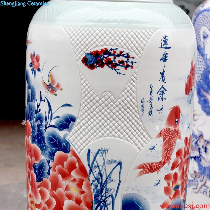 Hand painted peony lotus carving shadow blue fish large vases, jingdezhen ceramics hotels sitting room large furnishing articles