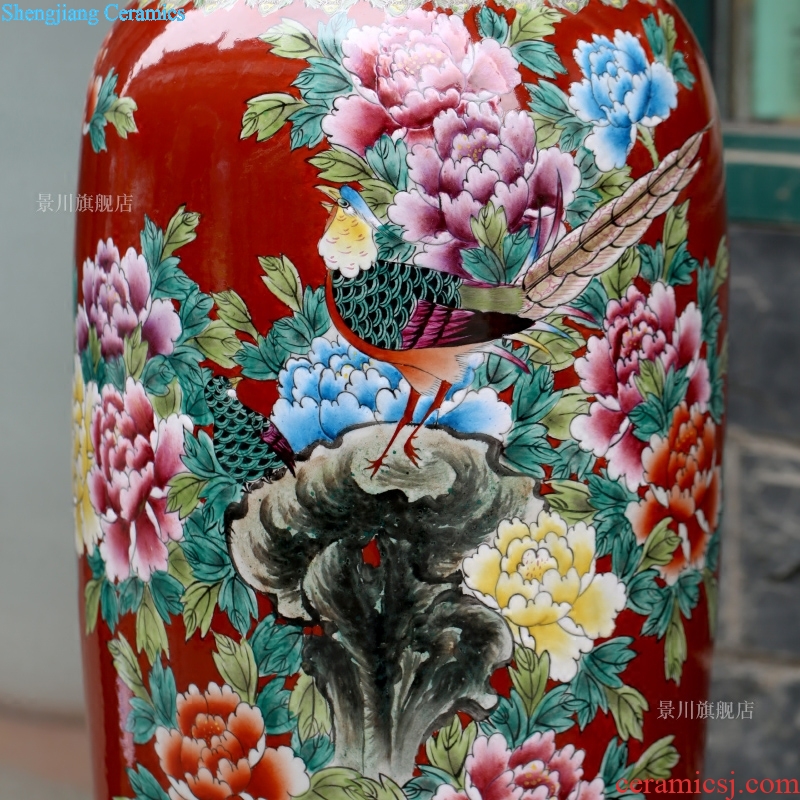 Chinese red hand-painted golden pheasant vase peony flower arranging landing big jingdezhen ceramic guest modern Chinese style household furnishing articles