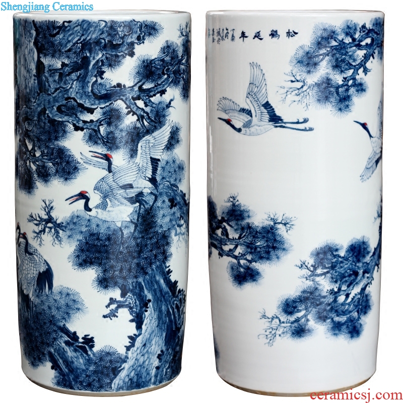 Blue and white porcelain of jingdezhen ceramic hand-painted pine crane live ground quiver sitting room of Chinese style household furnishing articles and calligraphy cylinder