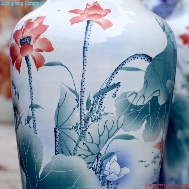 Hand painted green lotus lotus hotel porcelain of jingdezhen ceramic floor big vase sitting room adornment is placed