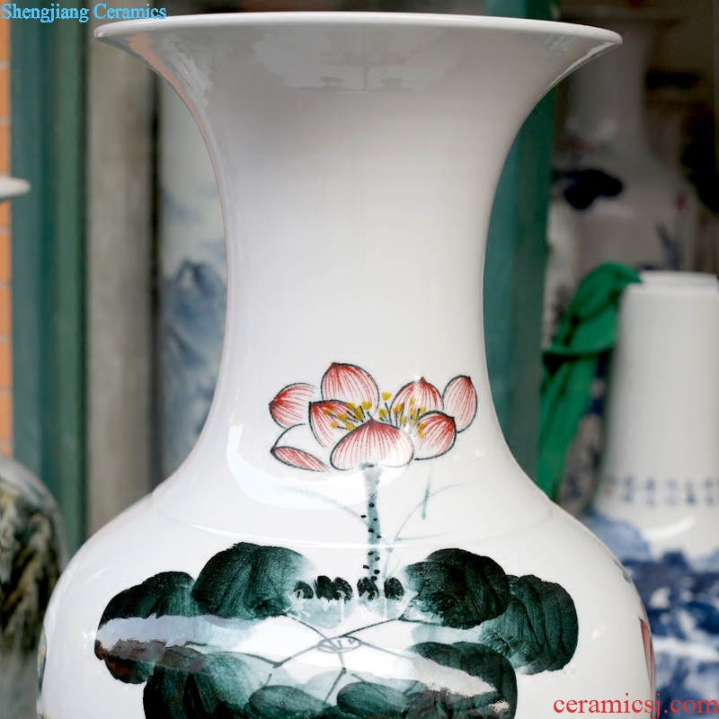 Hand-painted ink color blue and red lotus lotus fish landing big vase jingdezhen ceramic household sitting room adornment furnishing articles